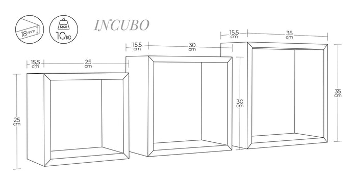 Set 3 Mensole da Parete Cubo in Fibra di Legno Incubo Ciliegio