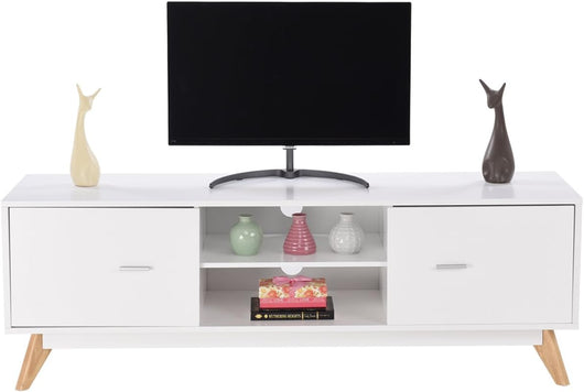 Mobile per TV da 60”, Mobile Porta TV Moderno con Ripiani, 2 Scomparti, 2 Ante, Fori Passacavi e Piedi in Legno Massello, Tavolo per Soggiorno e Camera da Letto, 140 x 40 x 48 cm, Bianco