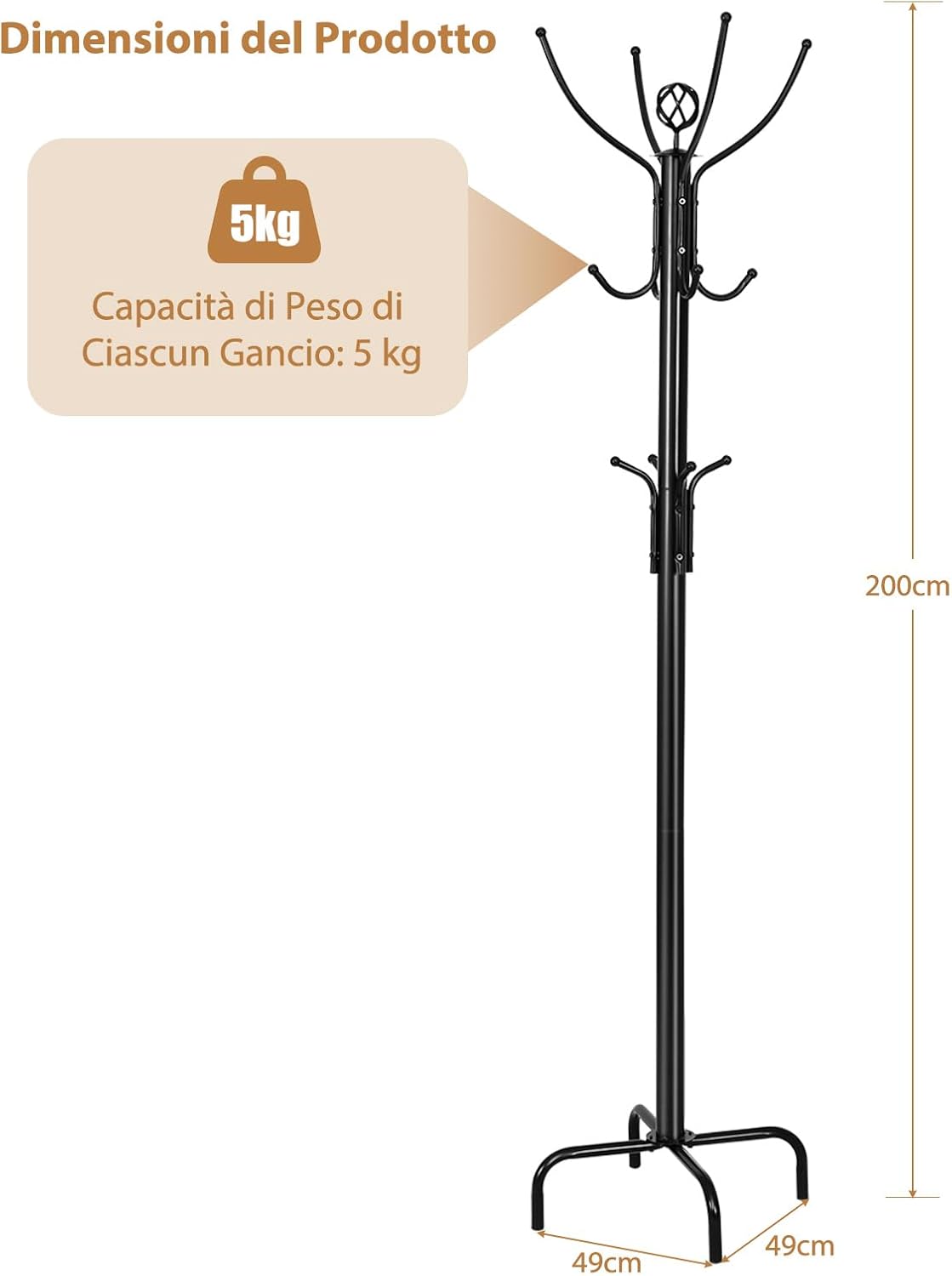 Attaccapanni da Terra, Appendiabiti da Ingresso con 12 Ganci, Attaccapanni Moderno per Cappotti Borse Sciarpe, 49 x 49 x 200 cm