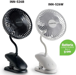 Innoliving Ventilatore Pieghevole Ricaricabile Senza Fili,Altezza Regolabile, 3 Velocità, Angolo 90°, Batteria Litio 1800mAh, Ricarica USB, Portatile, Conveniente (Bianco, 15 cm Pieghevole con Clip)