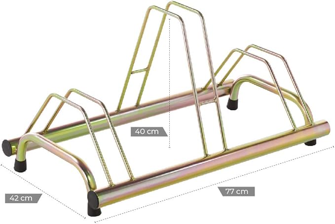 ANDRYS - Rastrelliera Porta Biciclette a Pavimento da Esterni e Interni 3 Posti, con Tappi in Pvc Neri, con Sistema di Posteggio Alto e Basso, Zincatura a Freddo, Colore Tropical Oro, 77 x 42 x 40 cm