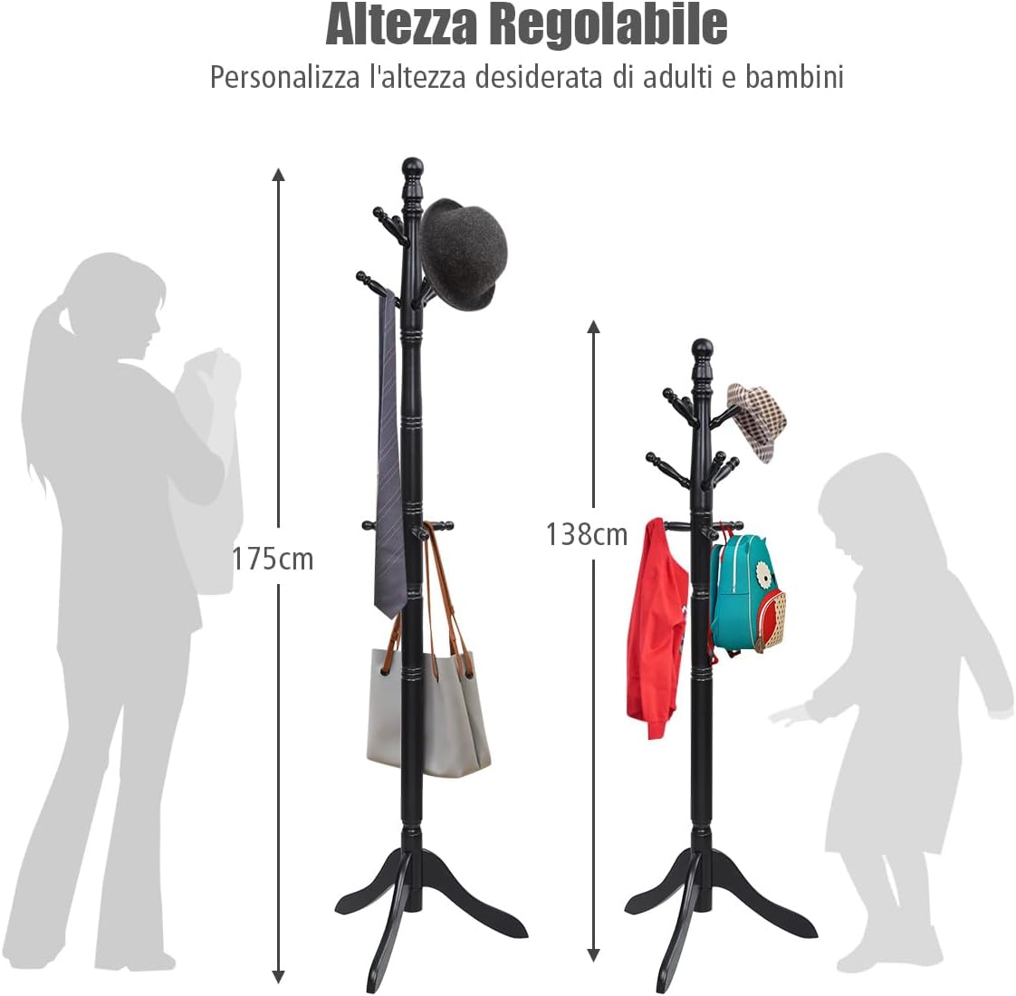 Attaccapanni ad Albero, Appendiabiti in Legno di Gomma con 9 Ganci, Albero Porta Abiti per Camera da Letto Soggiorno Ingresso e Ufficio, 50x50x138-175 cm (Nero)