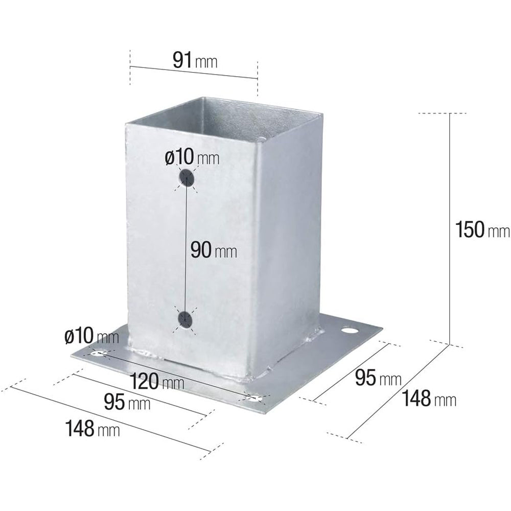 SUPPORTO STAFFA DI FISSAGGIO PALI A VITI PALO 91x91mm ZINCATA QUADRA VERDELOOK 447/3