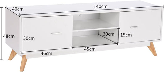 Mobile per TV da 60”, Mobile Porta TV Moderno con Ripiani, 2 Scomparti, 2 Ante, Fori Passacavi e Piedi in Legno Massello, Tavolo per Soggiorno e Camera da Letto, 140 x 40 x 48 cm, Bianco