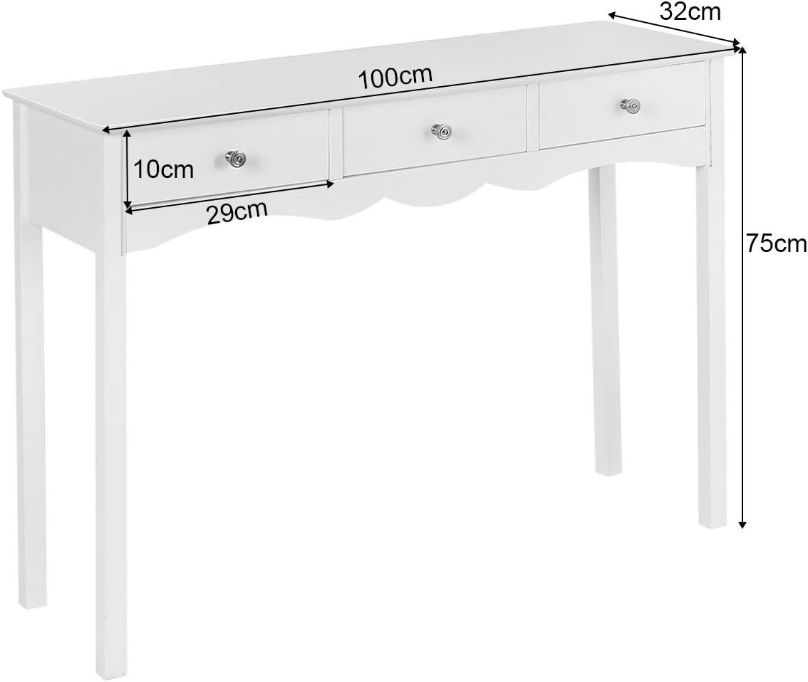 Tavolo Consolle in Legno, Tavolo da Ingresso con 3 Cassetti, Mobile Multifunzionale, Alto e Stretto per Salotto e Corridoio, 100 x 32 x 75 cm, Bianco