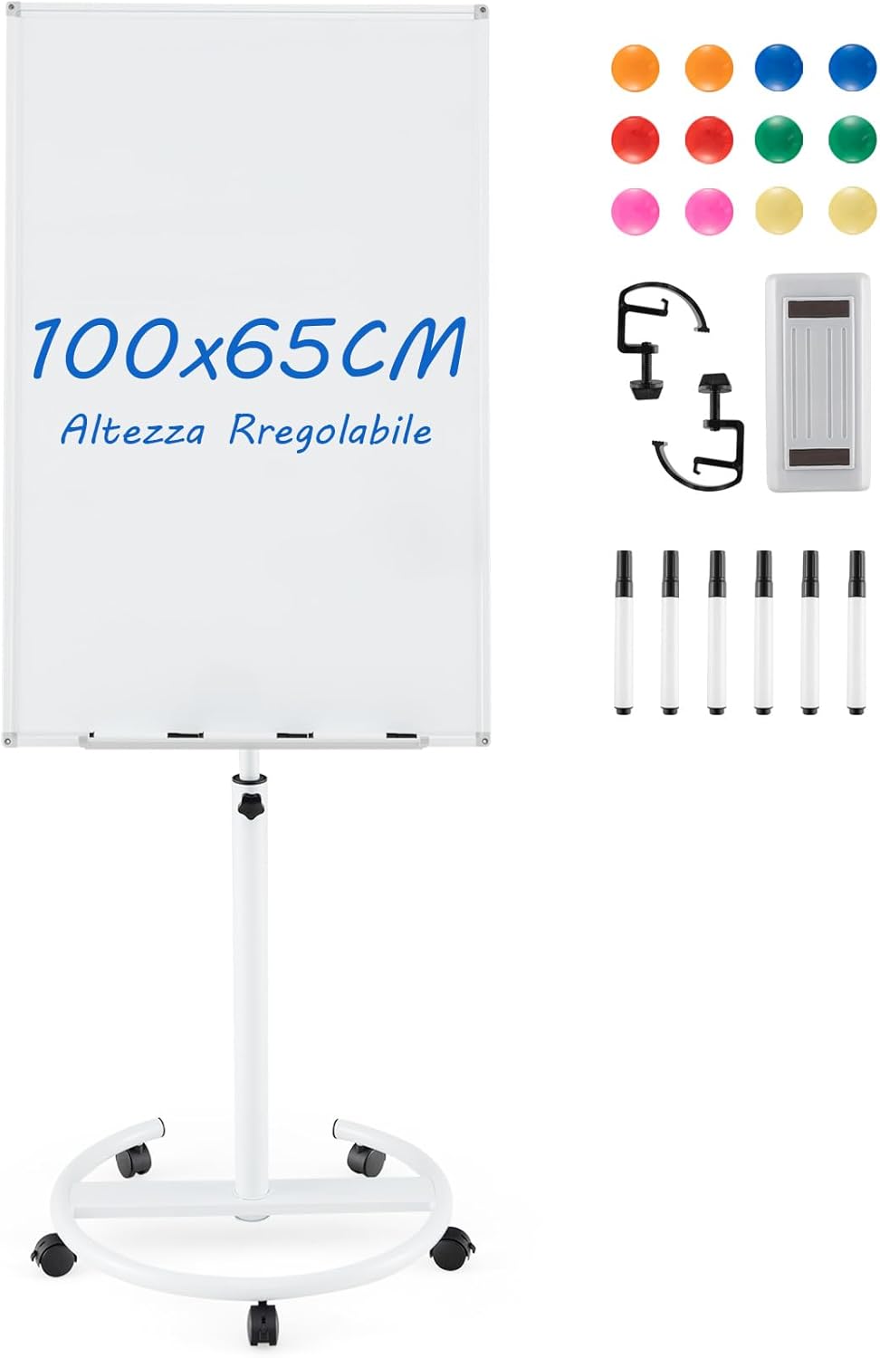 Lavagna Bianca Magnetica Mobile con Accessori, Lavagna Regolabile in Altezza e Angolo con Supporto Rotondo, 5 Ruote Bloccabili, 65 x 60 x 132-192 cm (Bianco)