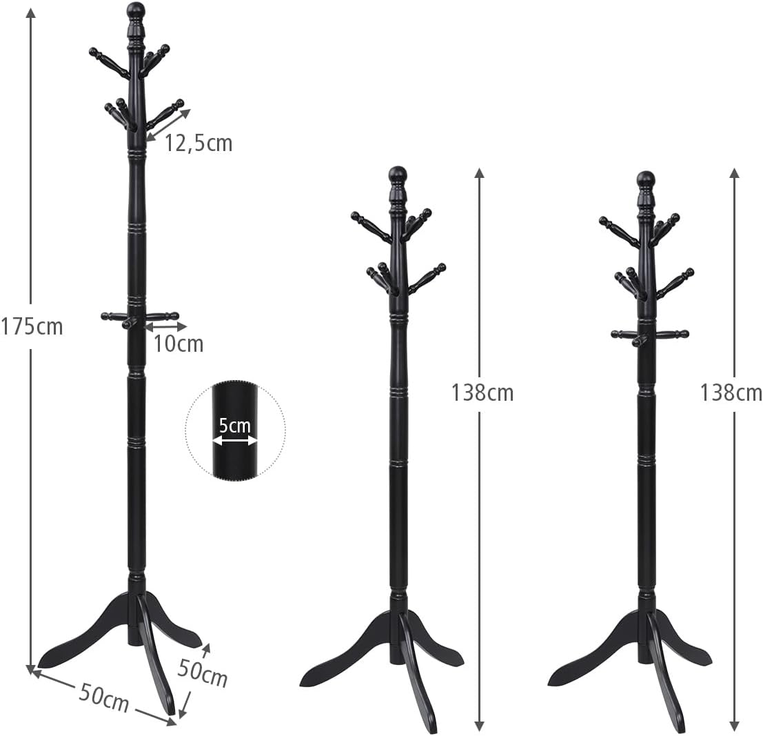 Attaccapanni ad Albero, Appendiabiti in Legno di Gomma con 9 Ganci, Albero Porta Abiti per Camera da Letto Soggiorno Ingresso e Ufficio, 50x50x138-175 cm (Nero)