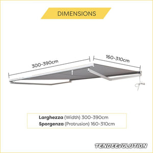 Tenda da Sole Estensibile Tempotest Parà, col. Beige 15/1, Largh. 3,9m x Sporgenza 1.60m con Mantovana Ondulata Arg. DX