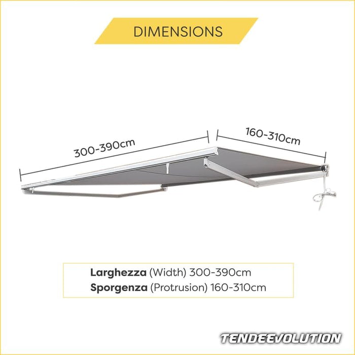 Tenda da Sole Estensibile Tempotest Parà, col. Beige 15/1, Largh. 3,9m x Sporgenza 1.60m con Mantovana Ondulata Arg. DX