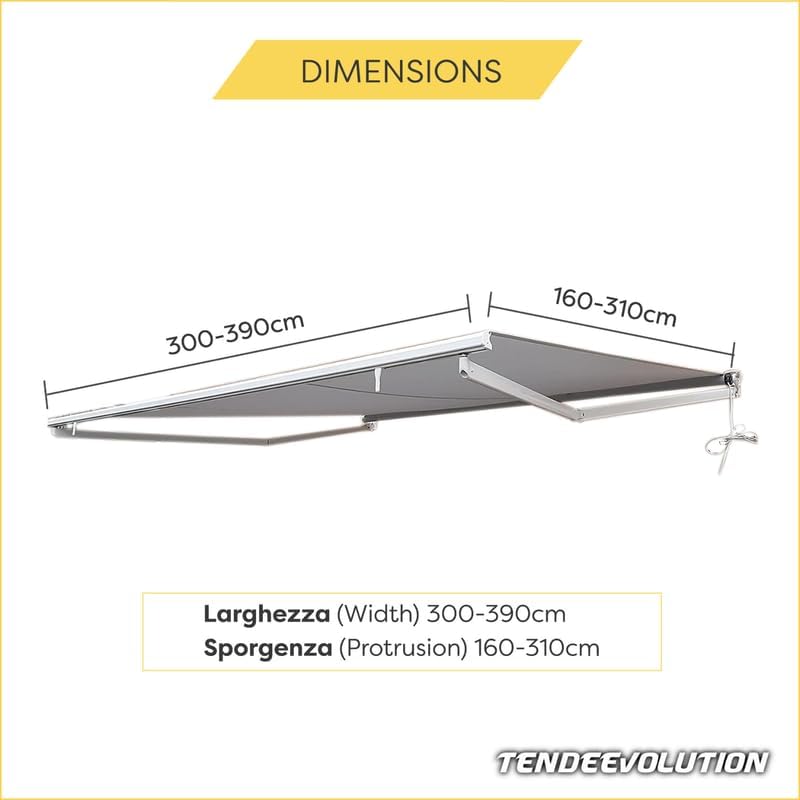 Tenda da Sole Estensibile Tempotest Parà, col. Grigio 79, Largh. 3,9m x Sporgenza 3.10m con Mantovana Ondulata Arg. DX