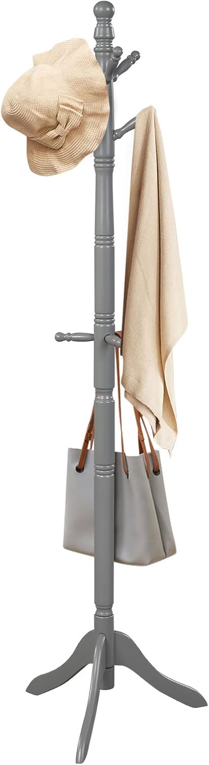 Attaccapanni ad Albero, Appendiabiti in Legno di Gomma con 9 Ganci, Albero Porta Abiti per Camera da Letto Soggiorno Ingresso e Ufficio, 50x50x138-175 cm (Grigio)