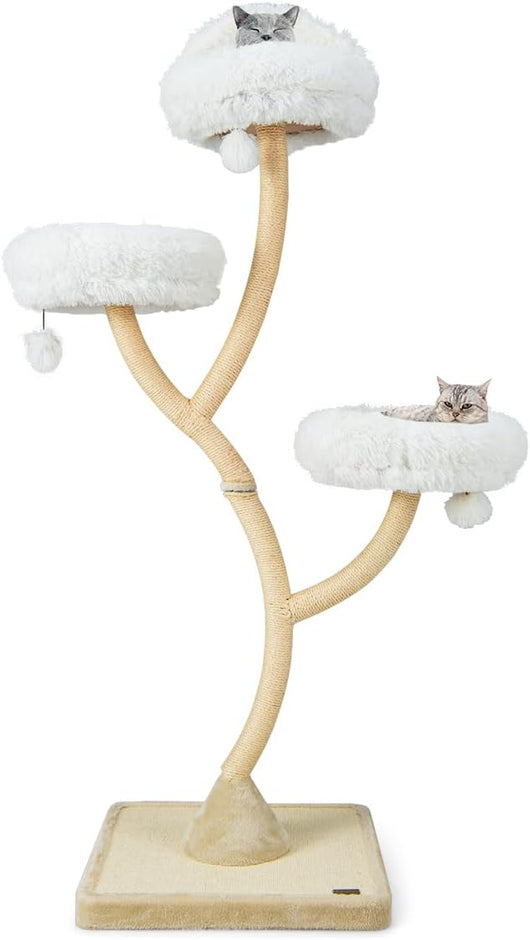 Albero per Gatti Alto 178 cm, Albero Tiragraffi per Gatti con Telaio di Supporto Curvo in Metallo, 3 Cucce Calde e Palline, Pali e Tavoletta Tiragraffi in Sisal, 59 x 59 x 178 cm (Beige)