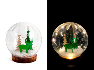 Sfera in vetro natale con led su base legno h 13. 