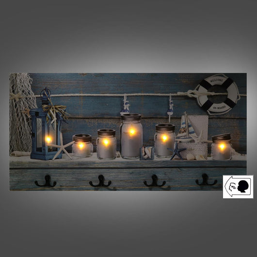 Appendino mare legno 8 posti con led barattoli cm60x30x1,8