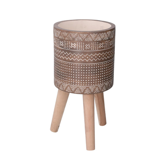 Vaso cemento con gambe legno marrone tondo cmø21,5h22/42