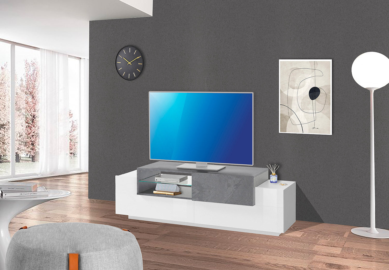 Mobile TV 3 Ante 160x40-45x51 cm New Coro Bianco Lucido e Ardesia