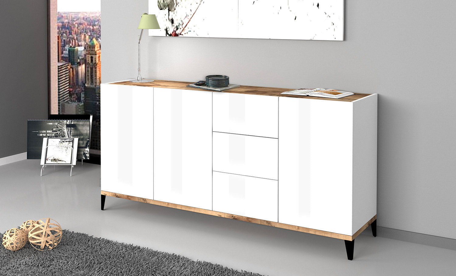 Credenza 3 Ante + 3 Cassetti 160x40x82 cm Sunrise Bianco Lucido e Acero Pereira