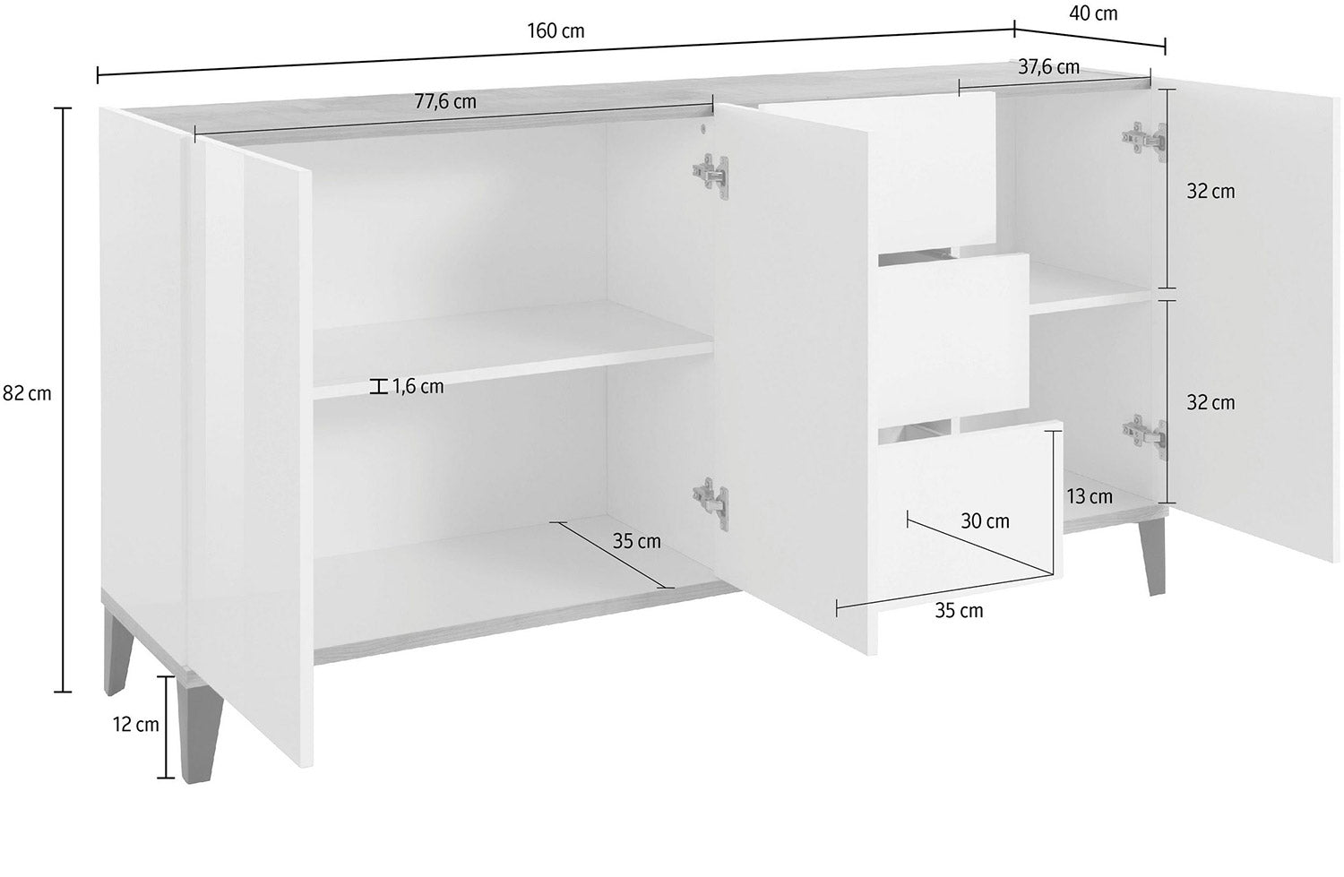 Credenza 3 Ante + 3 Cassetti 160x40x82 cm Sunrise Bianco Lucido e Acero Pereira