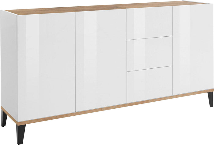 Credenza 3 Ante + 3 Cassetti 160x40x82 cm Sunrise Bianco Lucido e Acero Pereira