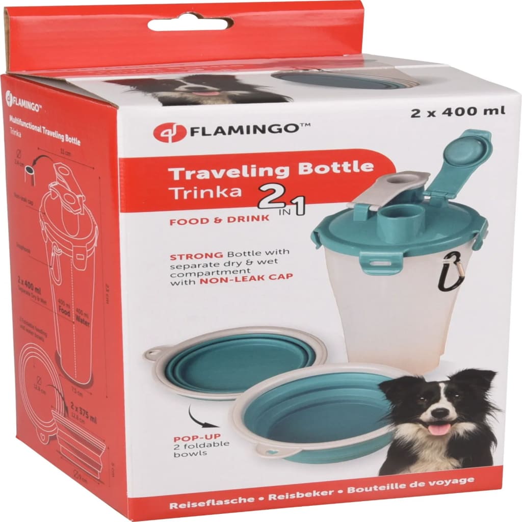 FLAMINGO Tazza da Viaggio Animali Acqua/Cibo  2-in-1 Trinka Blu Grigio 436496