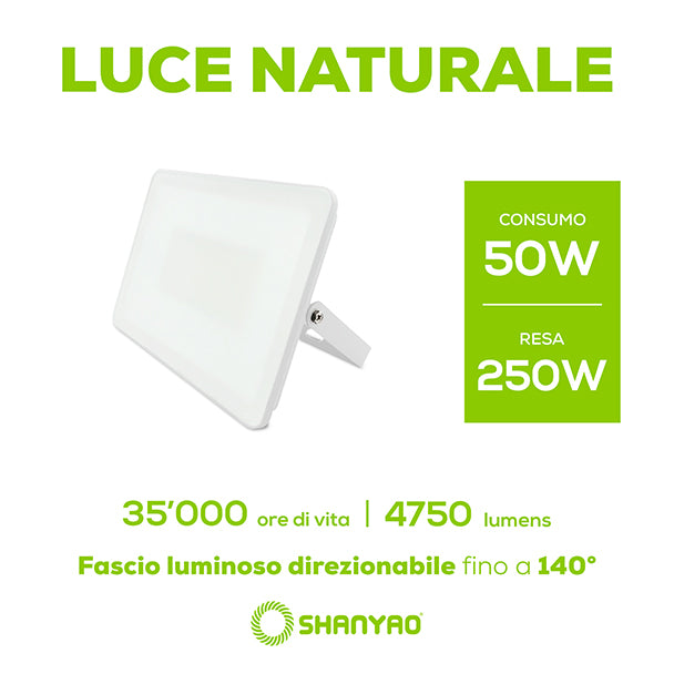 Proiettore faro a led Bianco Serie Pad 50W - 4000K Luce Bianca Naturale Resa 250W 4.750Lumen, Serie Pad Shanyao