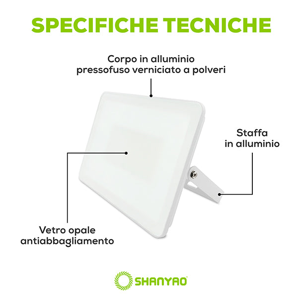 Proiettore faro a led Bianco Serie Pad 50W - 4000K Luce Bianca Naturale Resa 250W 4.750Lumen, Serie Pad Shanyao