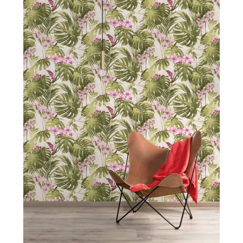 DUTCH WALLCOVERINGS Carta da Parati Paradiso Verde e Rosa 430601