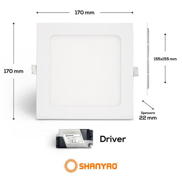 Pannello led incasso Quadrato, 12W Equivalenti 24W, 1020 lumen Luce Bianca Calda 3000K Dimensione 120x120mm