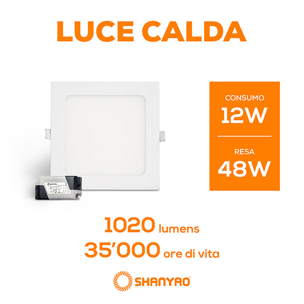 Pannello led incasso Quadrato, 12W Equivalenti 24W, 1020 lumen Luce Bianca Calda 3000K Dimensione 120x120mm