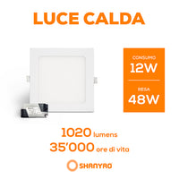 Pannello led incasso Quadrato, 12W Equivalenti 24W, 1020 lumen Luce Bianca Calda 3000K Dimensione 120x120mm