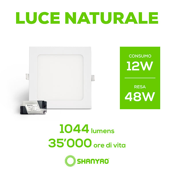 Pannello led incasso Quadrato, 12W Equivalenti 24W, 1044 lumen Luce Bianca Naturale 4000K Dimensione 120x120mm