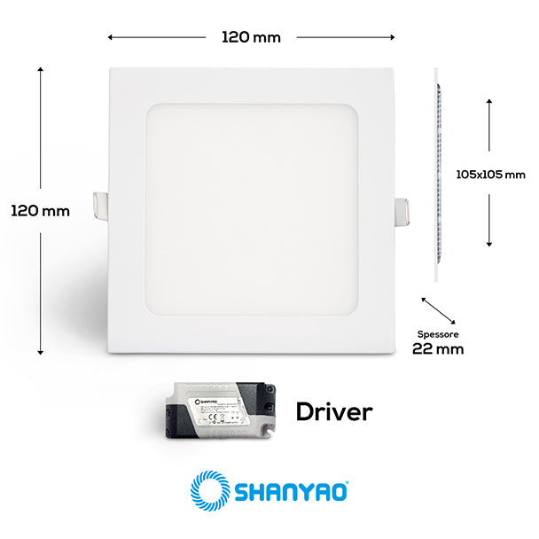 Pannello led incasso Quadrato, 6W Equivalenti 24W, 534 lumen Luce Bianca Fredda 6400K Dimensione 120x120mm