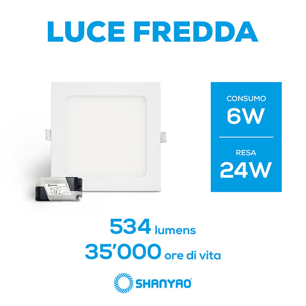 Pannello led incasso Quadrato, 6W Equivalenti 24W, 534 lumen Luce Bianca Fredda 6400K Dimensione 120x120mm