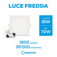 Pannello led incasso Quadrato, 18W Equivalenti 24W, 1602 lumen Luce Bianca Fredda 6400K Dimensione 120x120mm