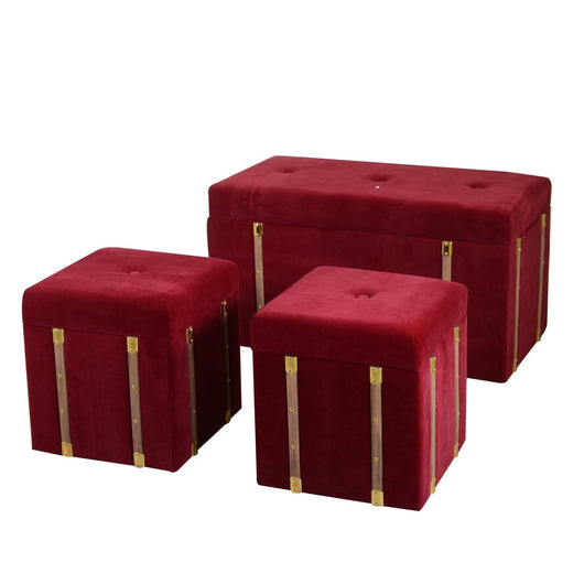 Set Baule e 2 Pouf in MDF e Tessuto Velluto Bordeaux