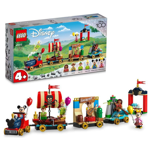 Lego disney 43212 treno delle celebrazioni disney 100° anniversario con carri giocattolo e figure di topolino e minnie