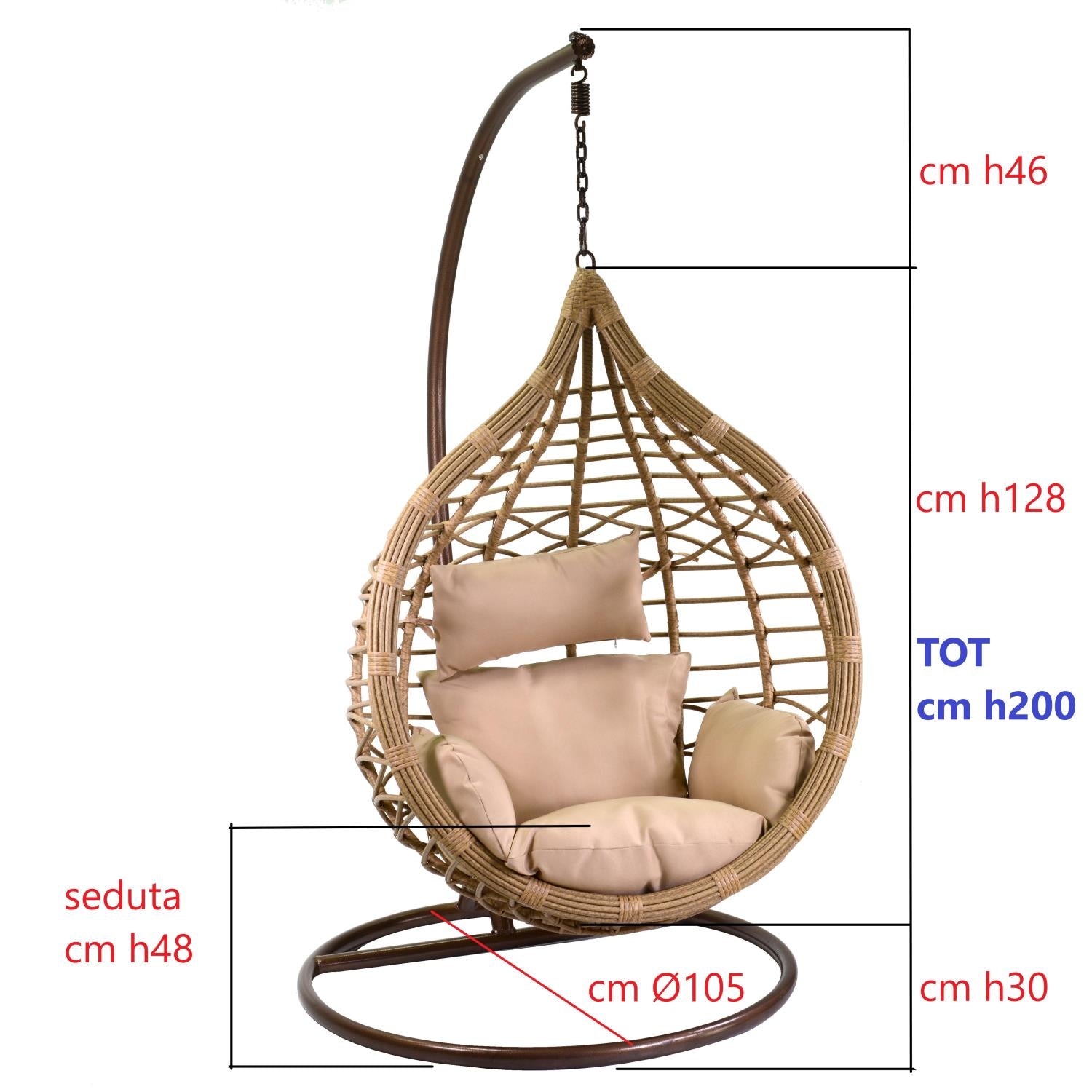 Dondolo pensile polyrattan Renton beigecon supporto e cuscino cm100x80h200