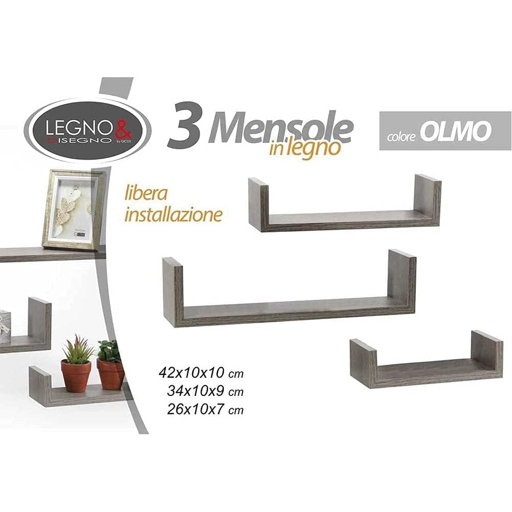 Set 3 Mensole da Parete Moderne Design con Bordi Mensola Scaffale Legno Olmo