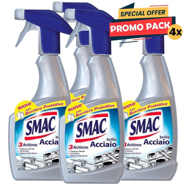 4 x 520 ml Smac Brilla Acciaio Detergente Spray Azione Anticalcare e Lucidante