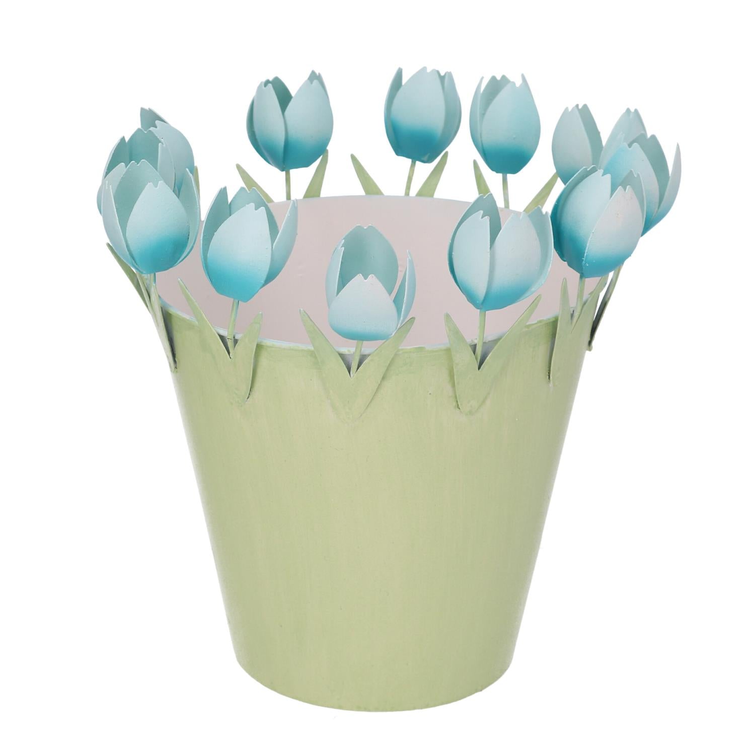 Portavaso metallo verde tulipani azzurri cm ø19h19