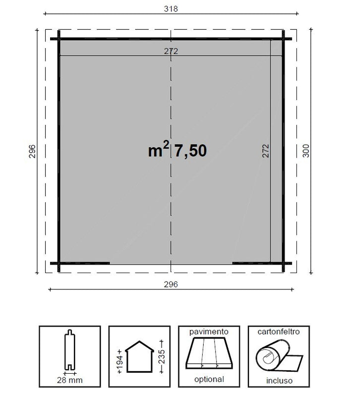 Casetta in legno impregnato RITA cm. 300x300 senza Pavimento