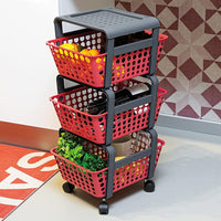 Carrello Portaoggetti Multiuso Rosso 4 Ruote 3 Cassetti Estraibili 41.5x29x75cm