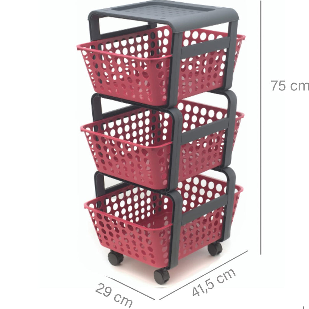 Carrello Portaoggetti Multiuso Rosso 4 Ruote 3 Cassetti Estraibili 41.5x29x75cm