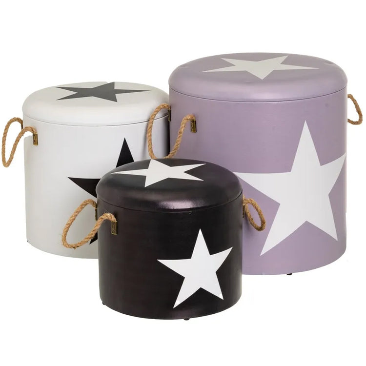 Set 3 Pouf Bauli Contenitori Star Poggiapiedi Capiente Coperchio Rimovibile