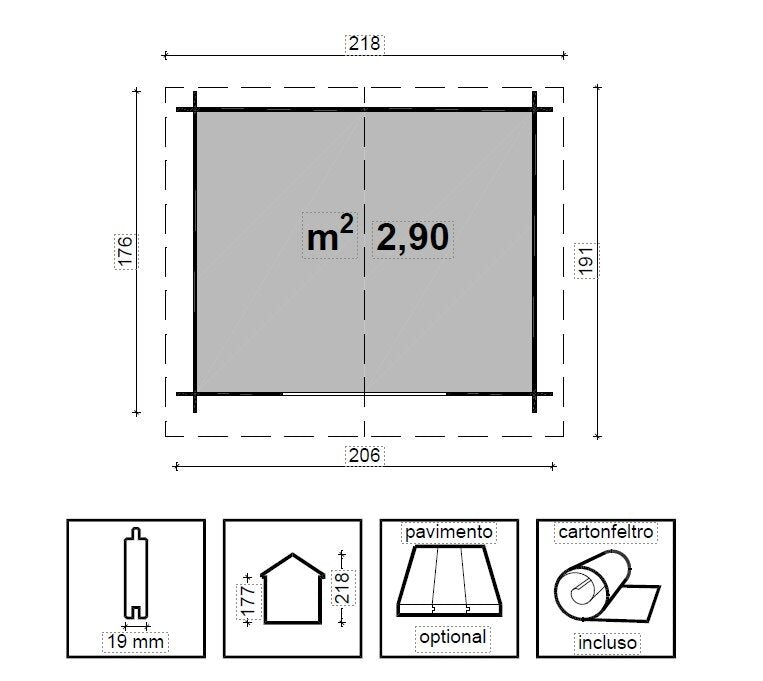 Casetta in legno impregnato CLARA cm. 206x176 senza Pavimento