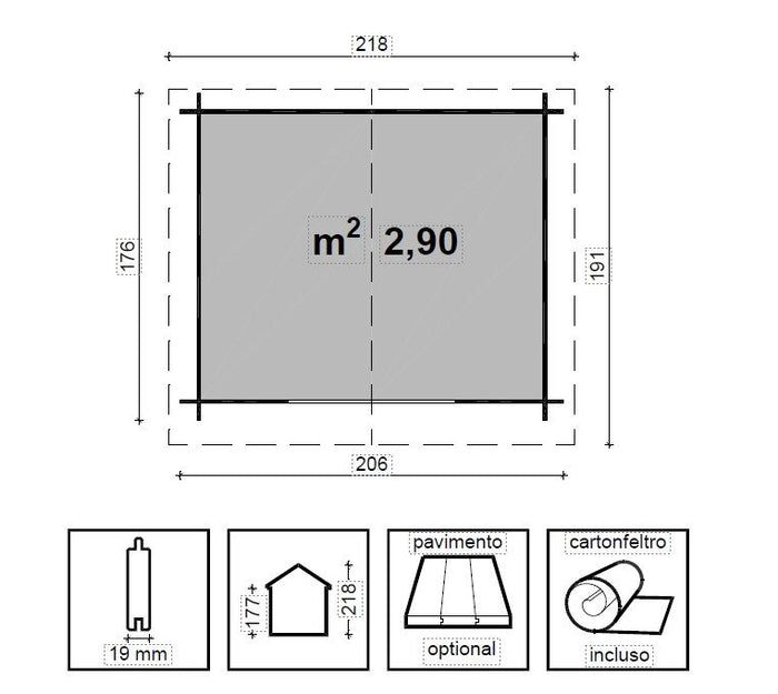 Casetta in legno impregnato CLARA cm. 206x176 senza Pavimento