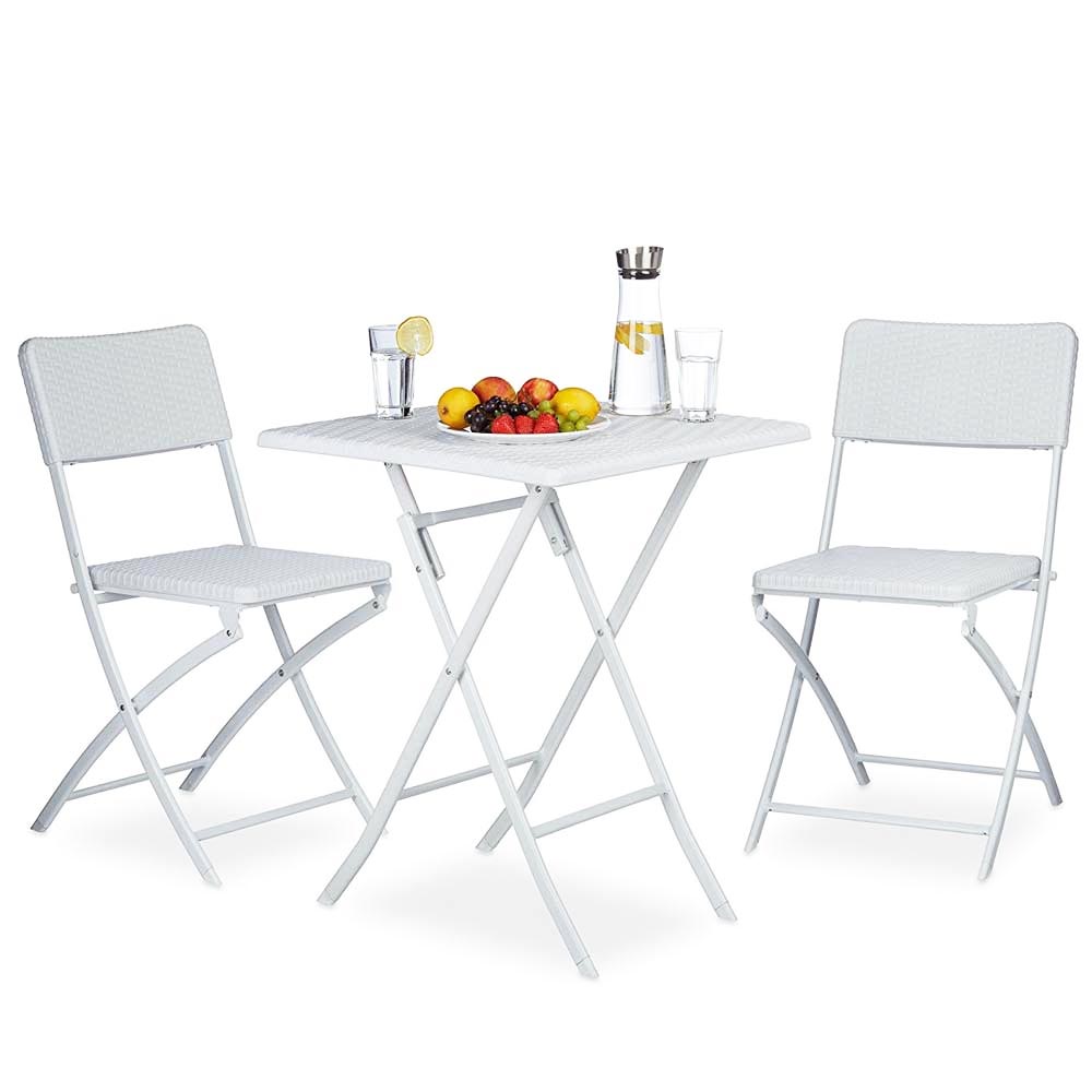 Set Tavolo + 2 Sedie Pieghevole Arredo Esterno Giardino in Polyrattan Bianco