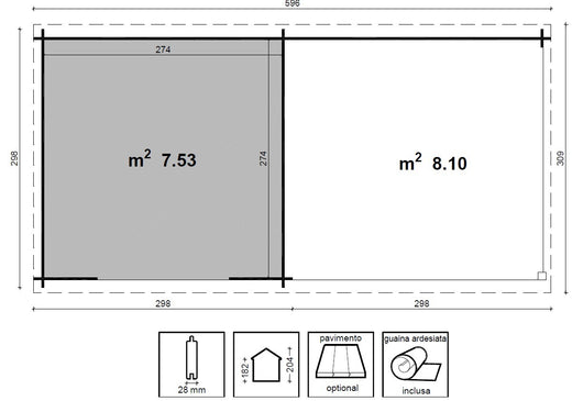 Casetta in legno non trattato LIVIA con porticato cm. 300x300 + 300x300 senza Pavimento