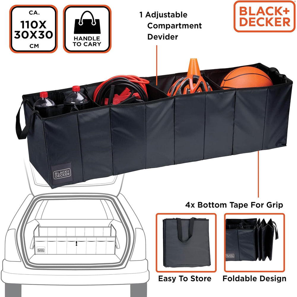 BLACK+DECKER Contenitore Organizer Pieghevole Bagagliaio Auto 5 Vani 110x30x30cm