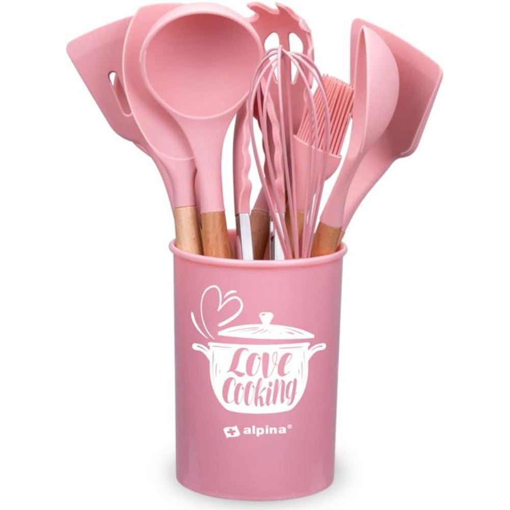 Set Utensili da Cucina Rosa e Supporto 12 Pezzi Utensili Silicone Manico Legno